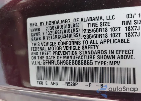 2014 Honda Odyssey Touring/Touring Elite from USA, damaged, VIN 5FNRL5H95EB086865